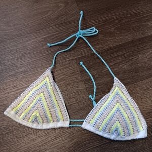 Victoria's Secret Cream Bikini Top with Blue Straps